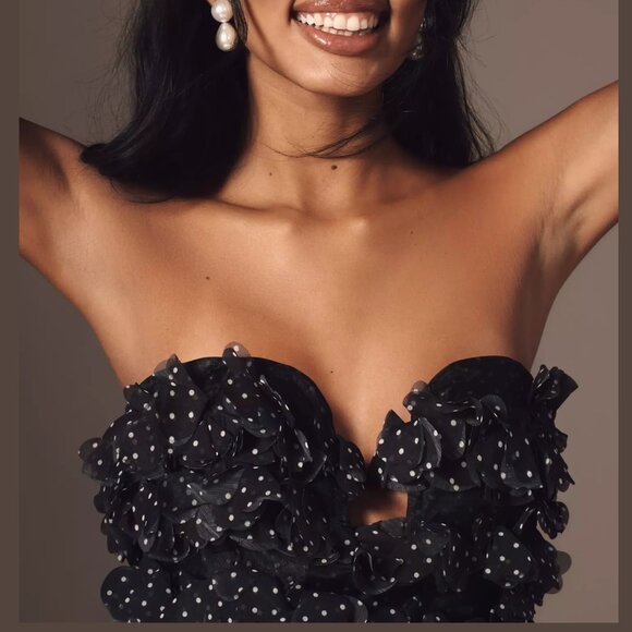 By Anthropologie Gathered Polka Dot Mini Dress Black White Size 10 - Picture 3 of 14